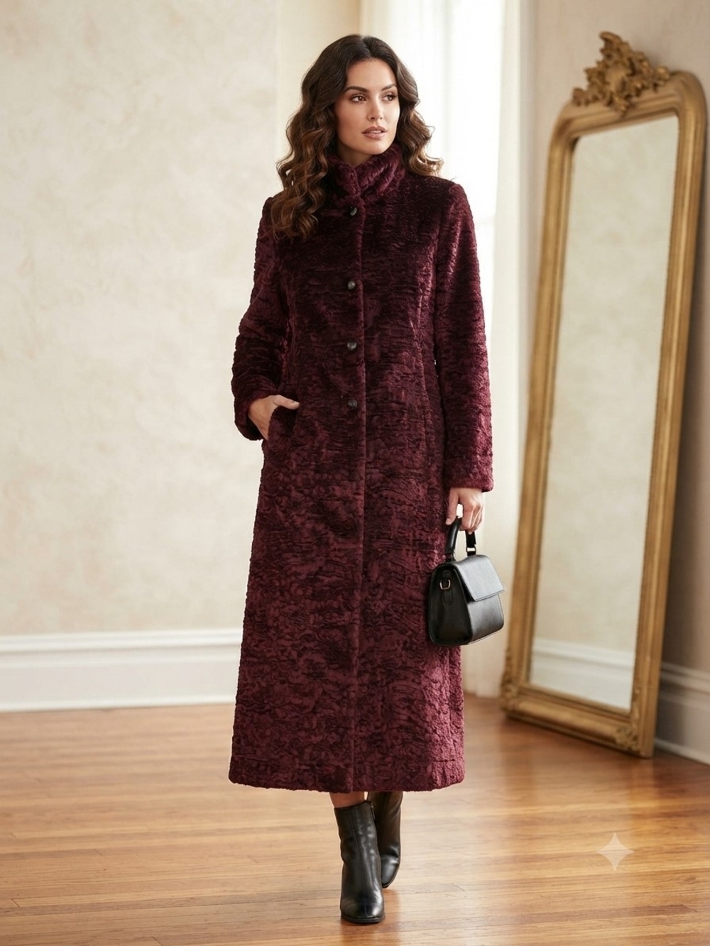 bebe Long Faux-Fur Trench Coat in Burgundy